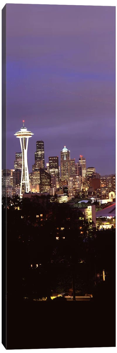 Skyscrapers in a city lit up at night, Space Needle, Seattle, King County, Washington State, USA Canvas Art Print - Washington Art