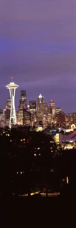 Skyscrapers in a city lit up at night, Space Needle, Seattle, King County, Washington State, USA