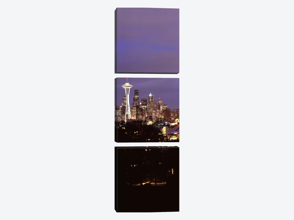 Skyscrapers in a city lit up at night, Space Needle, Seattle, King County, Washington State, USA by Panoramic Images 3-piece Canvas Artwork