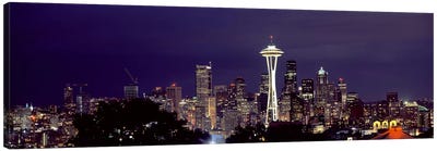 Skyscrapers in a city lit up at night, Space Needle, Seattle, King County, Washington State, USA 2010 Canvas Art Print - Seattle Art