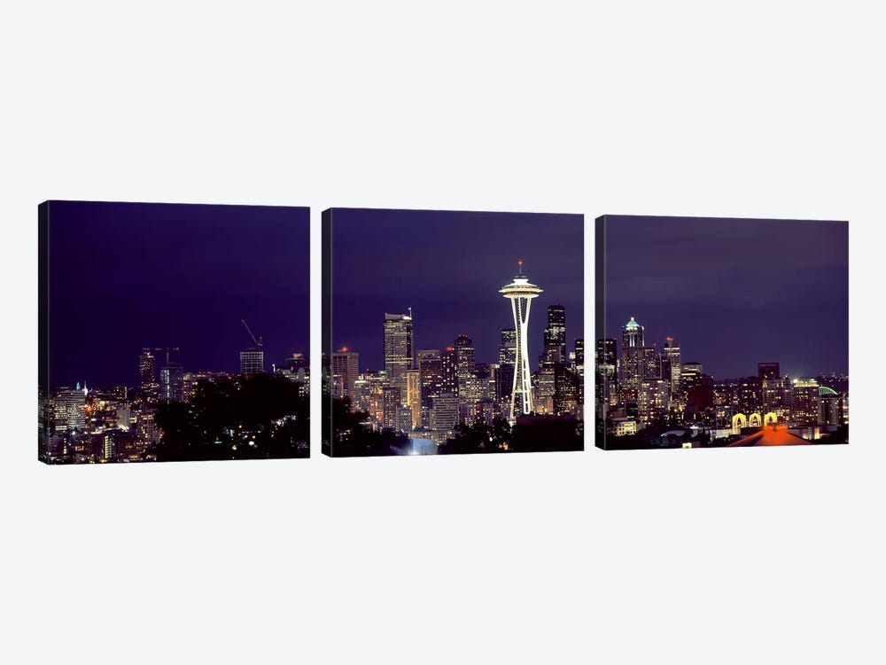 Skyscrapers in a city lit up at night, Space Needle, Seattle, King County, Washington State, USA 2010 by Panoramic Images 3-piece Art Print