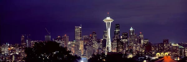 Seattle: Skyscrapers in a city lit up at night III, Space Needle, Seattle, King County, Washington State, USA by Panoramic Images