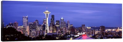 Skyscrapers in a city lit up at night, Space Needle, Seattle, King County, Washington State, USA 2010 #2 Canvas Art Print - Seattle Art