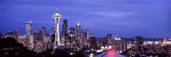 Washington: Skyscrapers in a city lit up at night IV, Space Needle, Seattle, King County, Washington State, USA by Panoramic Images