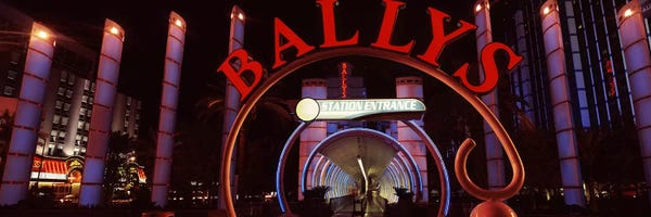 Las Vegas: Neon sign of a hotel, Bally's Las Vegas, Monorail Station, The Strip, Las Vegas, Nevada, USA by Panoramic Images
