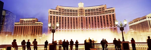 Gambling: Hotel lit up at night, Bellagio Resort And Casino, The Strip, Las Vegas, Nevada, USA by Panoramic Images