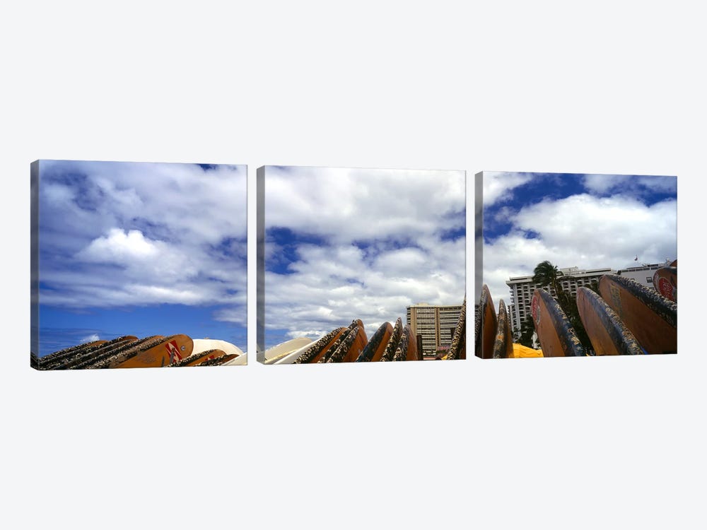 Low angle view of skyscrapers and surfboards, Honolulu, Oahu, Hawaii, USA by Panoramic Images 3-piece Art Print