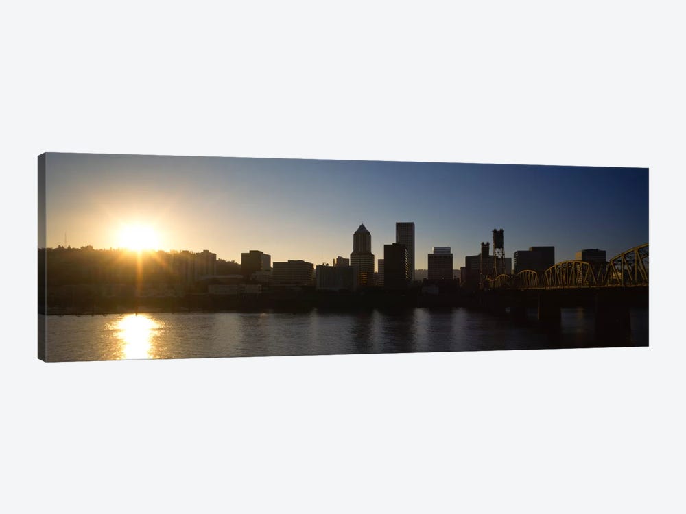 Buildings along the waterfront at sunset, Willamette River, Portland, Oregon, USA by Panoramic Images 1-piece Canvas Art Print