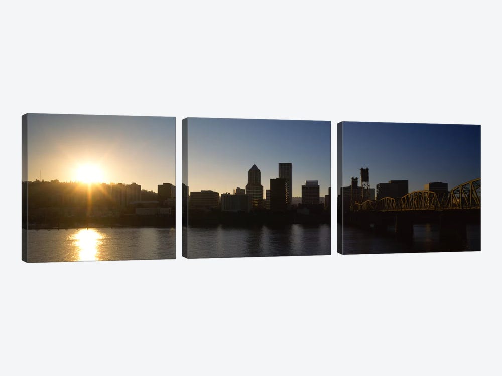 Buildings along the waterfront at sunset, Willamette River, Portland, Oregon, USA by Panoramic Images 3-piece Canvas Print