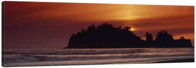 Silhouette of sea stack at sunrise, Washington State, USA Canvas Art Print - Lake & Ocean Sunrise & Sunset Art