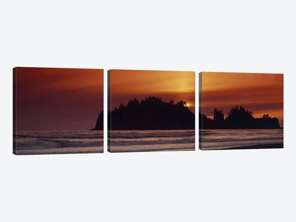 Silhouette of sea stack at sunrise, Washington State, USA by Panoramic Images 3-piece Canvas Artwork