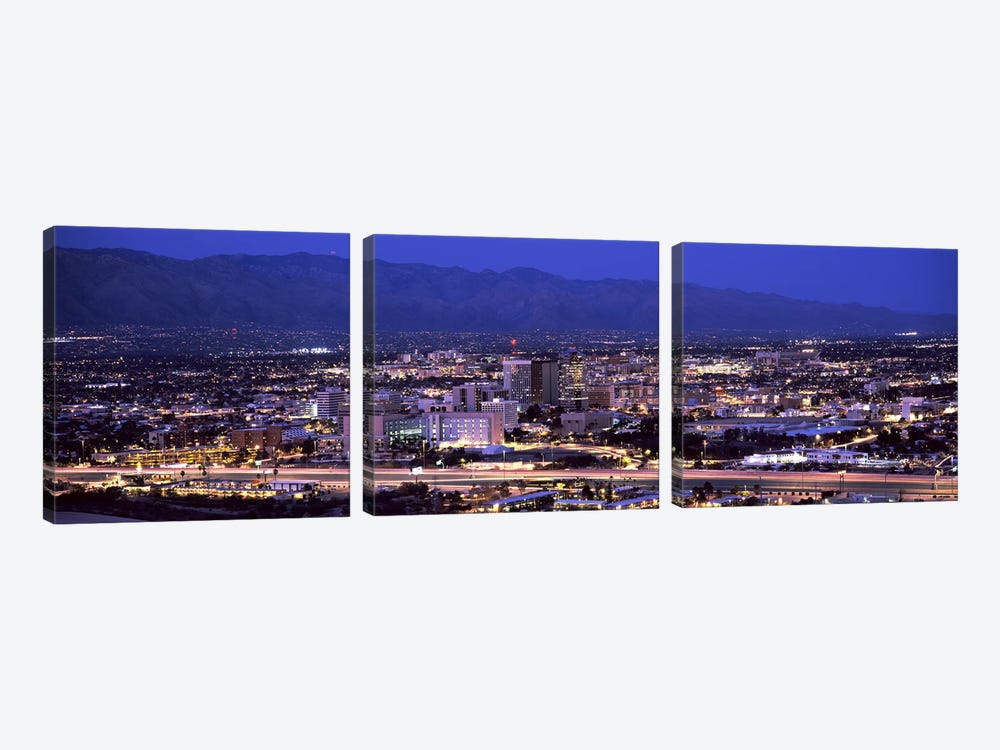 Aerial view of a city at nightTucson, Pima County, Arizona, USA by Panoramic Images 3-piece Canvas Print