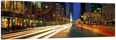 Blurred Motion, Cars, Michigan Avenue, Christmas Lights, Chicago, Illinois, USA Canvas Art Print - Action Shot Photography