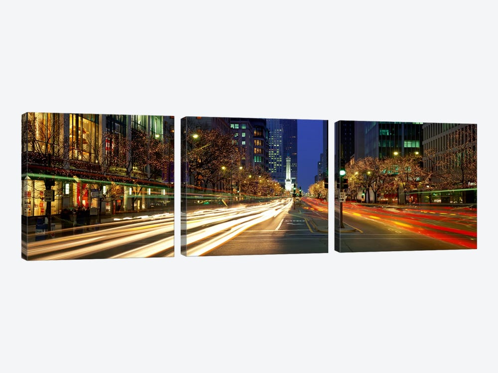 Blurred Motion, Cars, Michigan Avenue, Christmas Lights, Chicago, Illinois, USA by Panoramic Images 3-piece Canvas Art Print