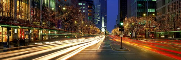 Action Shots: Blurred Motion, Cars, Michigan Avenue, Christmas Lights, Chicago, Illinois, USA by Panoramic Images