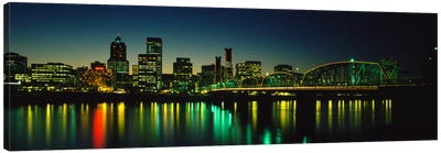 Buildings lit up at nightWillamette River, Portland, Oregon, USA Canvas Art Print - Panoramic Photography