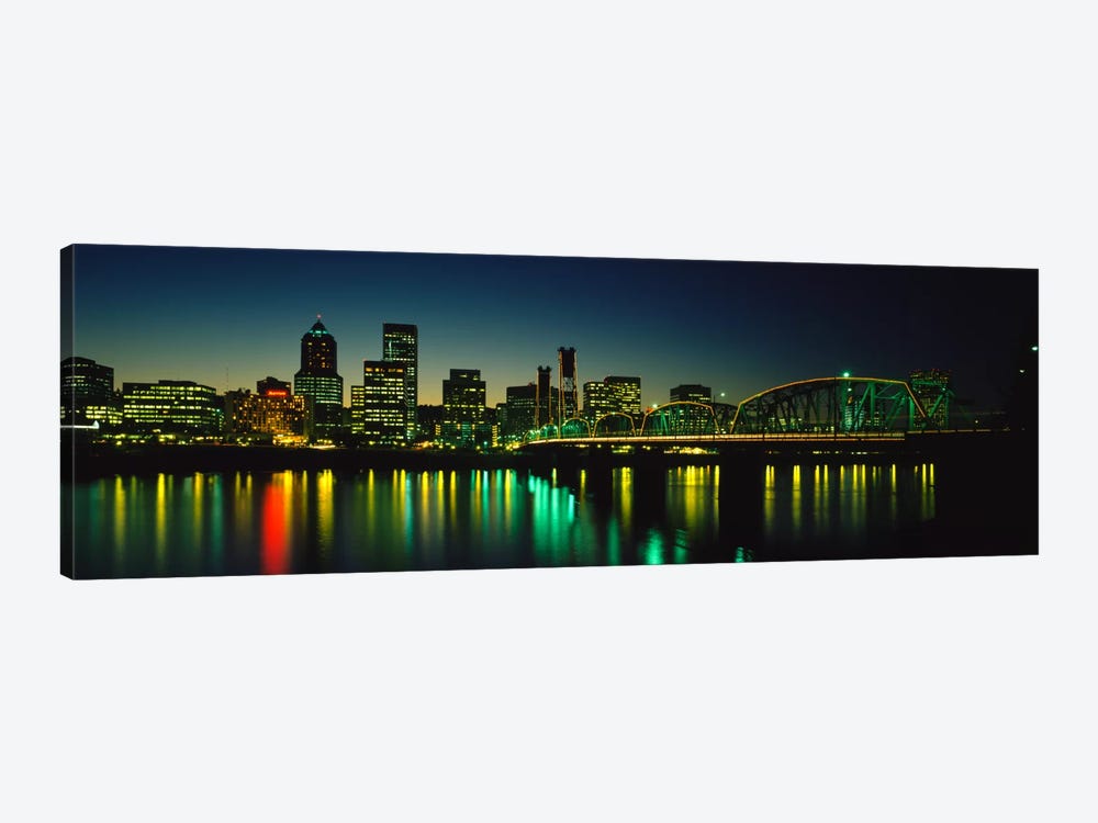 Buildings lit up at nightWillamette River, Portland, Oregon, USA by Panoramic Images 1-piece Canvas Print