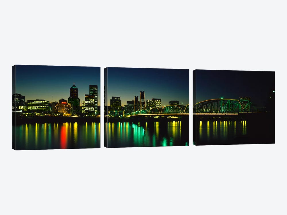 Buildings lit up at nightWillamette River, Portland, Oregon, USA by Panoramic Images 3-piece Canvas Print