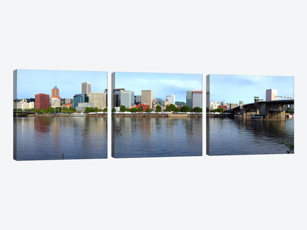 Buildings at the waterfront, Morrison Bridge, Willamette River, Portland, Oregon, USA 2010 by Panoramic Images 3-piece Canvas Art