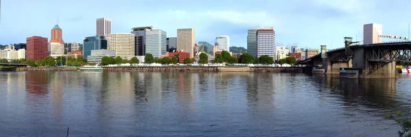 Oregon: Buildings at the waterfront, Morrison Bridge, Willamette River, Portland, Oregon, USA 2010 by Panoramic Images