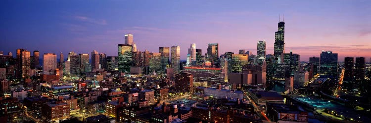 Skyscrapers in a city lit up at dusk, Chicago, Illinois, USA #2