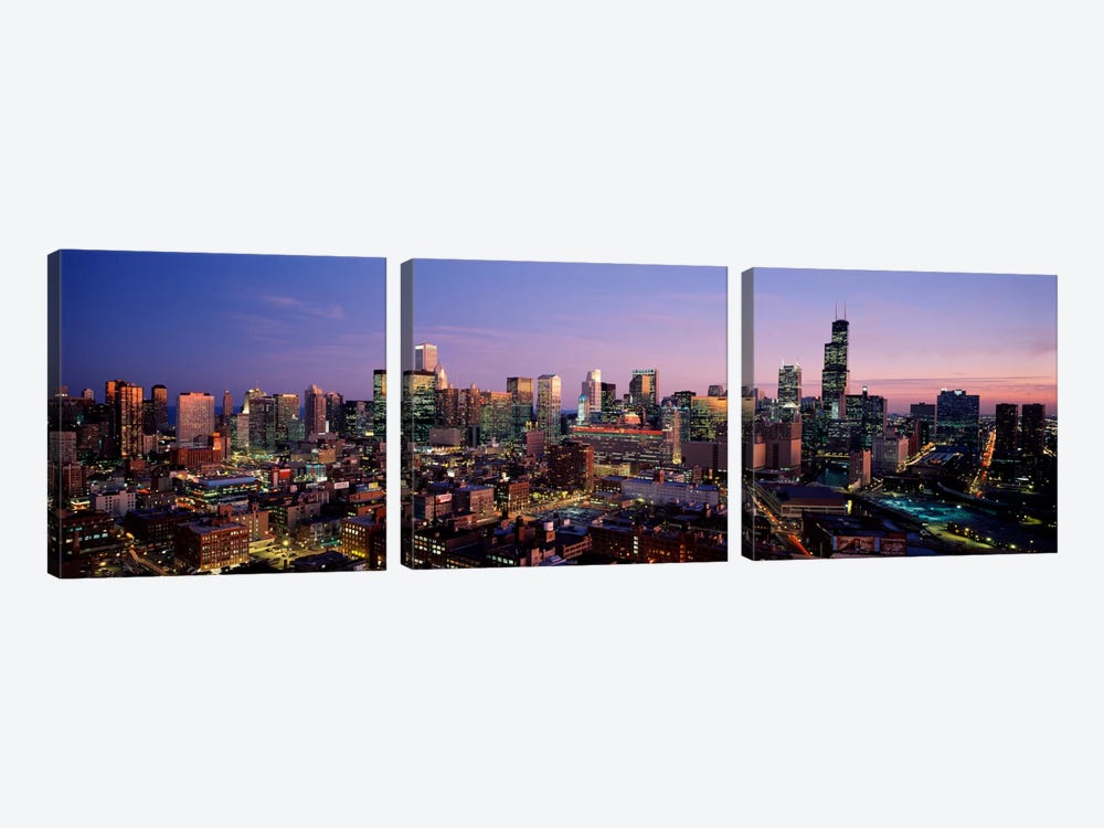 Skyscrapers in a city lit up at dusk, Chicago, Illinois, USA #2 by Panoramic Images 3-piece Canvas Art Print