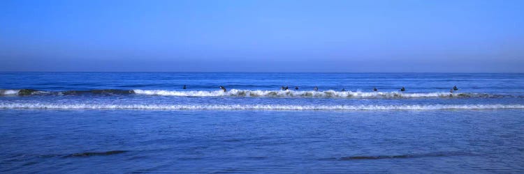 Surfers riding a wave in the sea, Santa Monica, Los Angeles County, California, USA