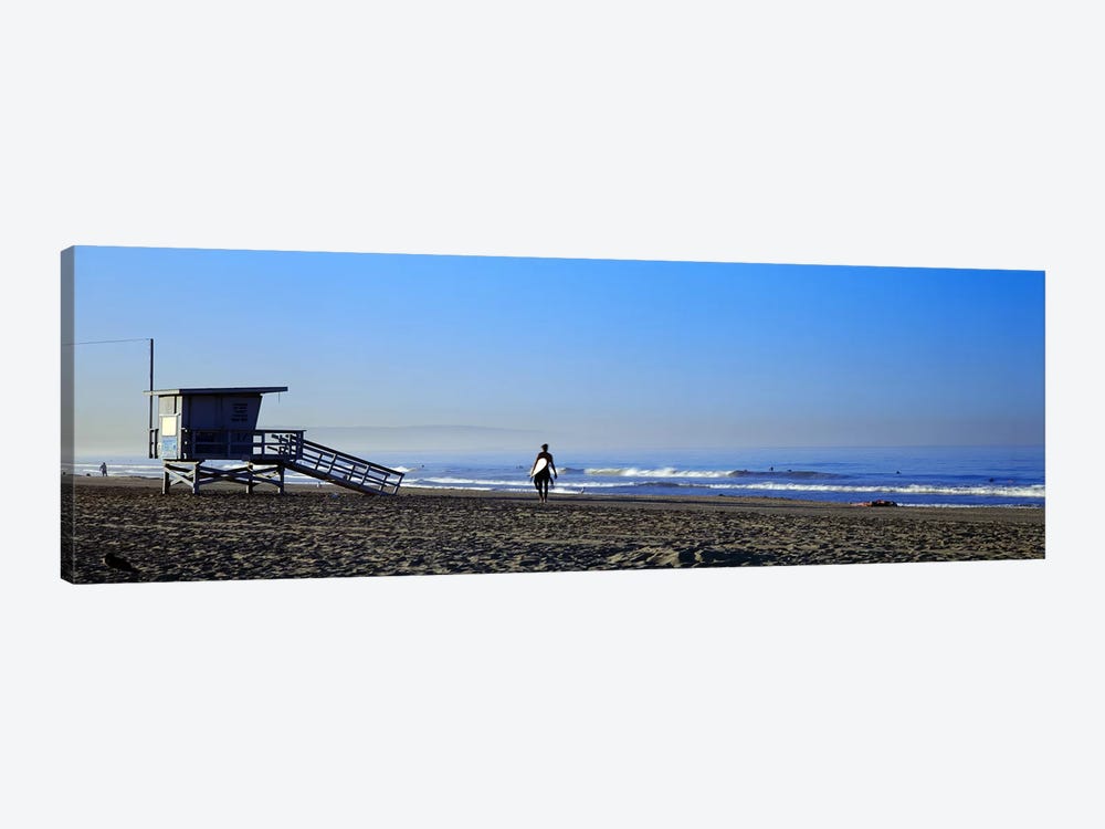Rear view of a surfer on the beach, Santa Monica, Los Angeles County, California, USA by Panoramic Images 1-piece Canvas Artwork