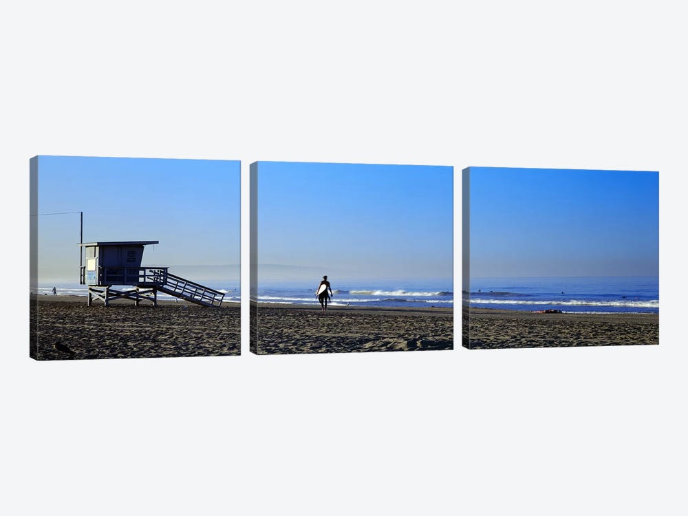 Rear view of a surfer on the beach, Santa Monica, Los Angeles County, California, USA by Panoramic Images 3-piece Canvas Artwork