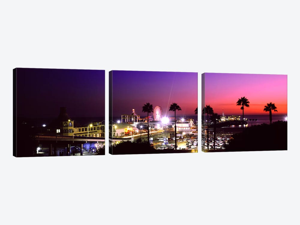 Amusement park lit up at night, Santa Monica Beach, Santa Monica, Los Angeles County, California, USA by Panoramic Images 3-piece Art Print