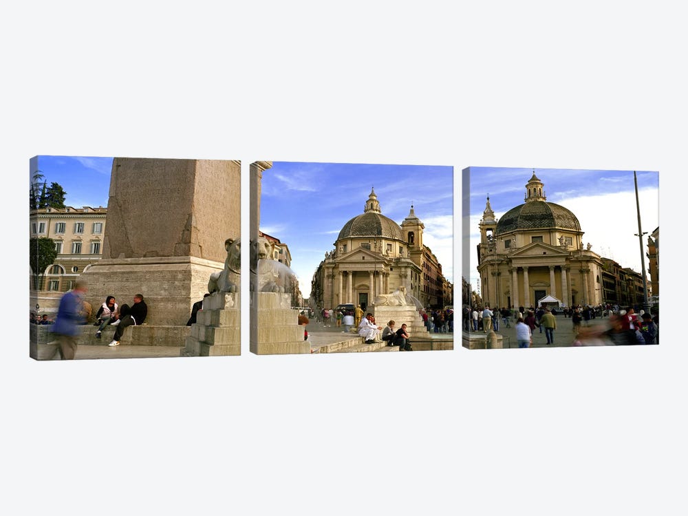 Tourists in front of churches, Santa Maria Dei Miracoli, Santa Maria Di Montesanto, Piazza Del Popolo, Rome, Italy by Panoramic Images 3-piece Canvas Art Print
