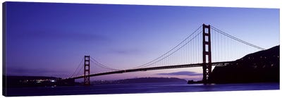 Silhouette of suspension bridge across a bay, Golden Gate Bridge, San Francisco Bay, San Francisco, California, USA Canvas Art Print - Golden Gate Bridge