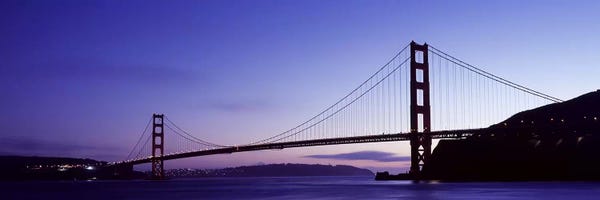 Golden Gate Bridge: Silhouette of suspension bridge across a bay, Golden Gate Bridge, San Francisco Bay, San Francisco, California, USA by Panoramic Images