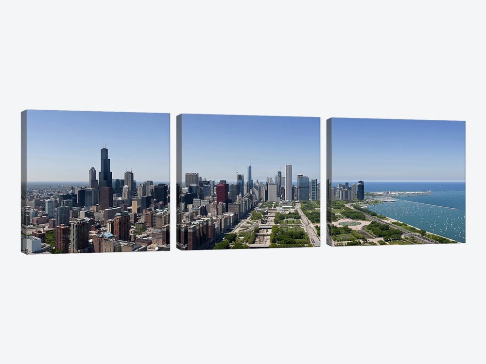City skyline from south end of Grant Park, Chicago, Lake Michigan, Cook County, Illinois 2009 by Panoramic Images 3-piece Canvas Art