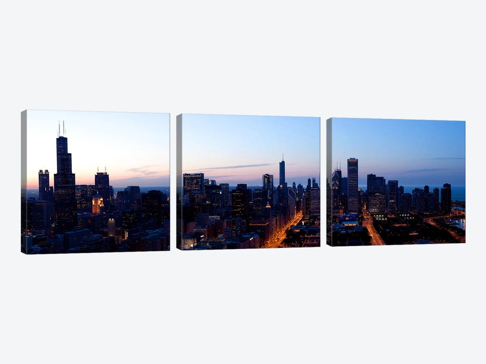 High angle view of a city at dusk, Chicago, Cook County, Illinois, USA 2009 by Panoramic Images 3-piece Canvas Wall Art