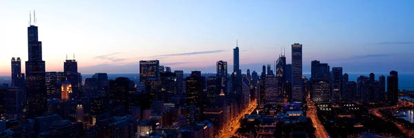 Chicago Skylines: High angle view of a city at dusk, Chicago, Cook County, Illinois, USA 2009 by Panoramic Images