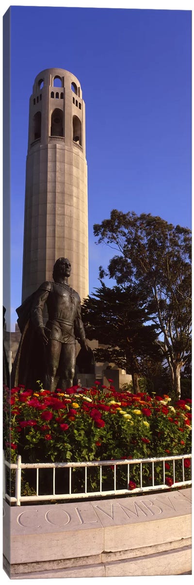 Statue of Christopher Columbus in front of a tower, Coit Tower, Telegraph Hill, San Francisco, California, USA Canvas Art Print - Monument Art