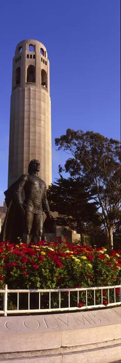 Statue of Christopher Columbus in front of a tower, Coit Tower, Telegraph Hill, San Francisco, California, USA by Panoramic Images wall art