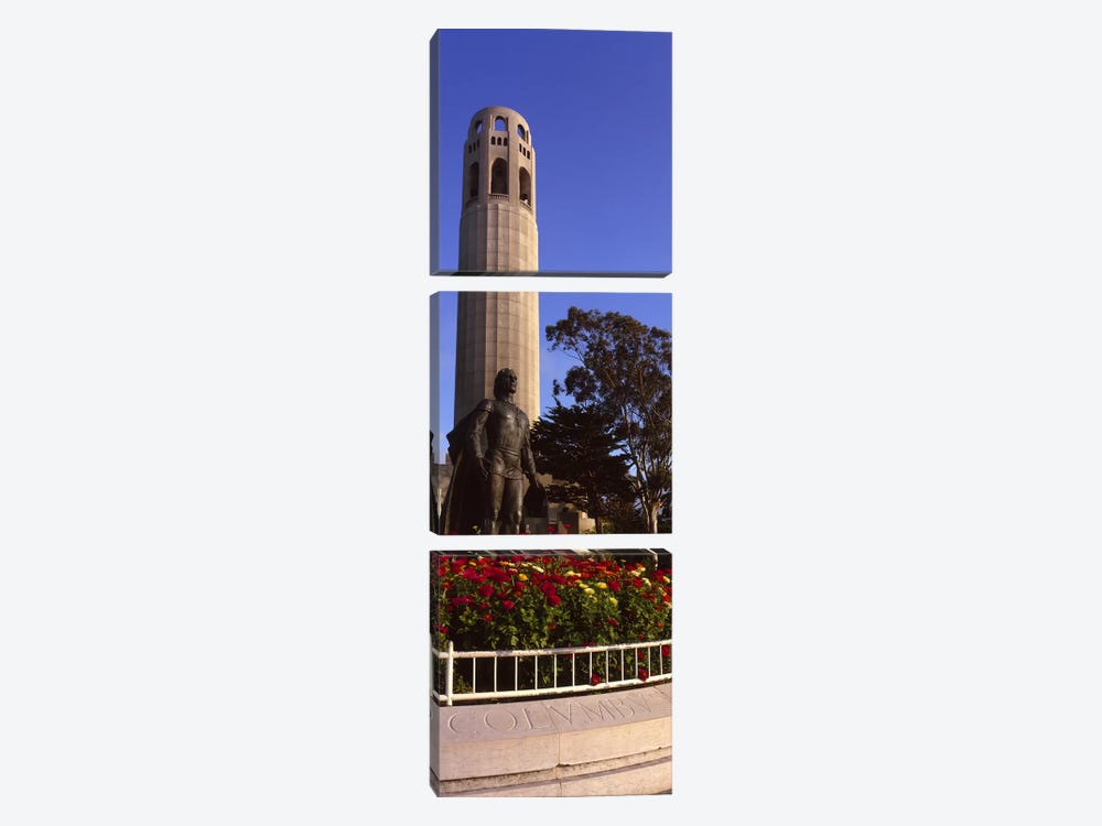 Statue of Christopher Columbus in front of a tower, Coit Tower, Telegraph Hill, San Francisco, California, USA by Panoramic Images 3-piece Canvas Artwork