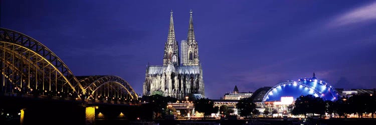 City at duskMusical Dome, Cologne Cathedral, Hohenzollern Bridge, Rhine River, Cologne, North Rhine Westphalia, Germany