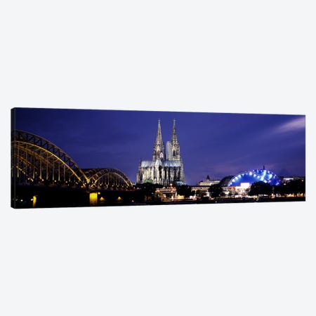 City at duskMusical Dome, Cologne Cathedral, Hohenzollern Bridge, Rhine River, Cologne, North Rhine Westphalia, Germany Canvas Print #PIM8836} by Panoramic Images Canvas Print