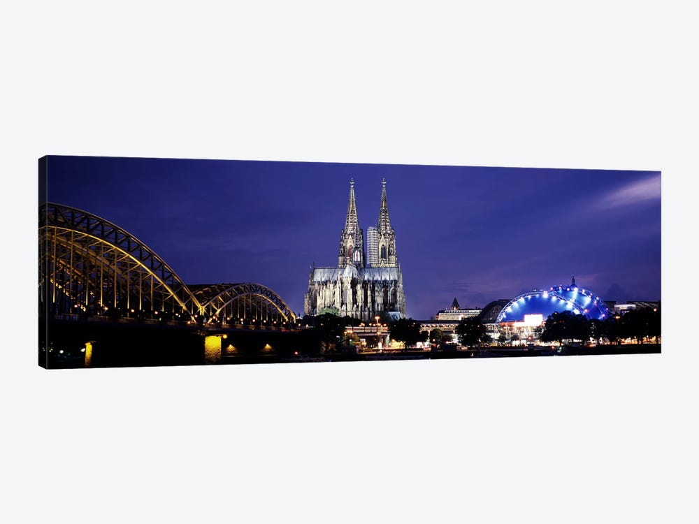 City at duskMusical Dome, Cologne Cathedral, Hohenzollern Bridge, Rhine River, Cologne, North Rhine Westphalia, Germany by Panoramic Images 1-piece Art Print