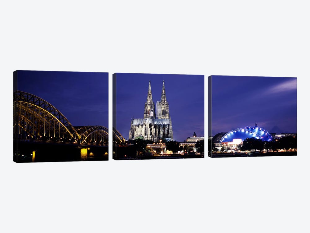 City at duskMusical Dome, Cologne Cathedral, Hohenzollern Bridge, Rhine River, Cologne, North Rhine Westphalia, Germany by Panoramic Images 3-piece Art Print