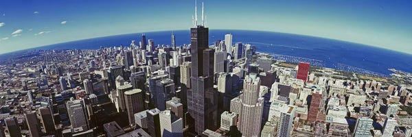 Illinois: Aerial view of a cityscape with lake in the background, Sears Tower, Lake Michigan, Chicago, Illinois, USA by Panoramic Images