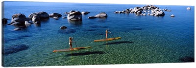 Two women paddle boarding in a lake, Lake Tahoe, California, USA Canvas Art Print - Nevada Art