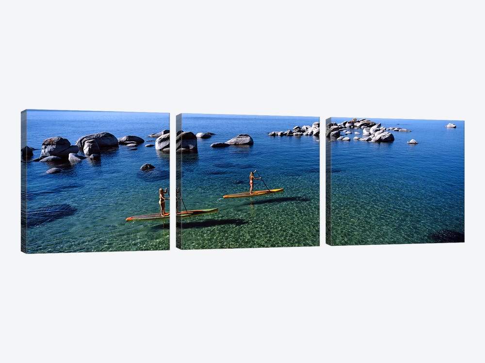 Two women paddle boarding in a lake, Lake Tahoe, California, USA by Panoramic Images 3-piece Canvas Wall Art