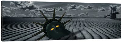 Post-Apocalyptic Scene with Lady Liberty's Head and A Broken Brooklyn Bridge Canvas Art Print - Desert Landscape Photography