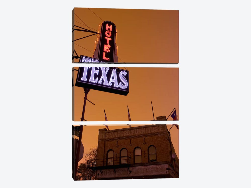 Low angle view of a neon sign of a hotel lit up at dusk, Fort Worth Stockyards, Fort Worth, Texas, USA by Panoramic Images 3-piece Canvas Artwork