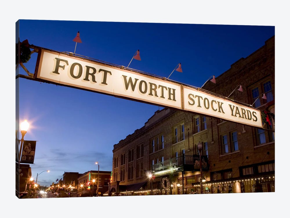 Signboard over a road at dusk, Fort Worth Stockyards, Fort Worth, Texas, USA by Panoramic Images 1-piece Canvas Artwork