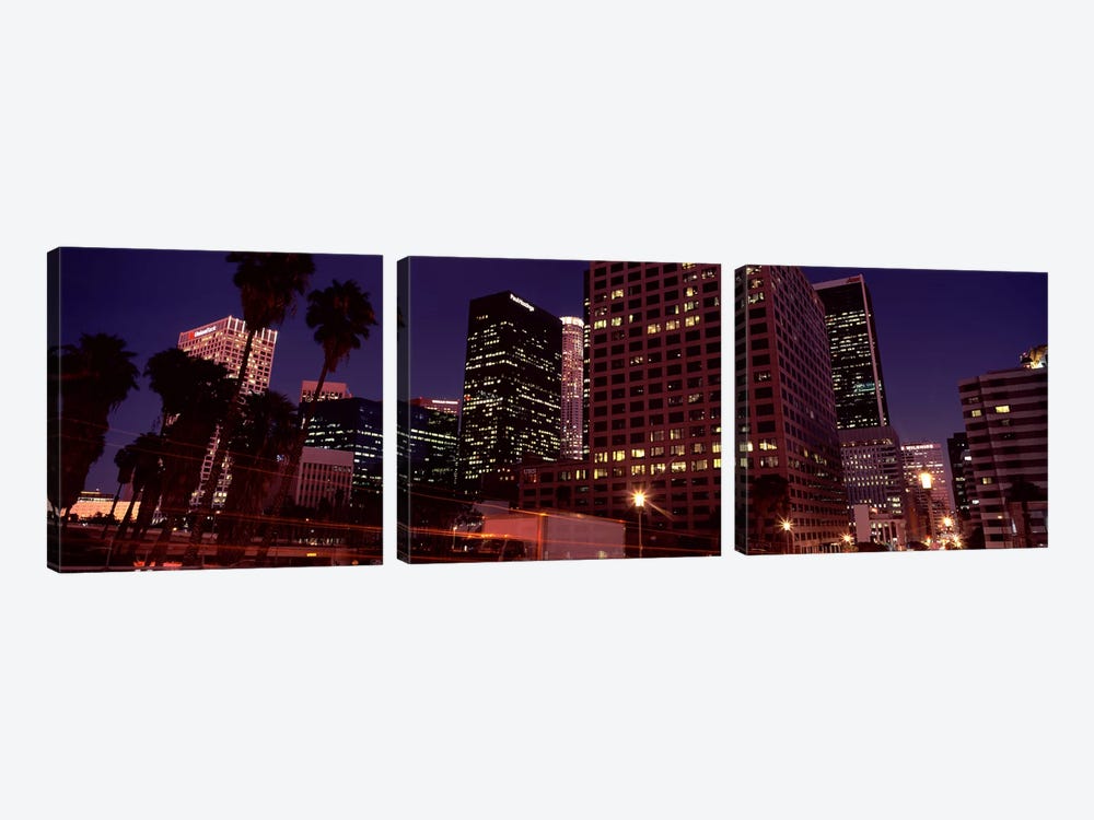Buildings lit up at night, City of Los Angeles, California, USA by Panoramic Images 3-piece Canvas Art Print